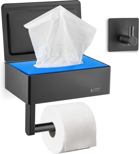 Happy Goods Porte-rouleau de toilette avec tablette et plateau - Autocollant / Perçage - Porte-rouleau de toilette Noir sans perçage - inox - INCL. Crochet porte-serviette