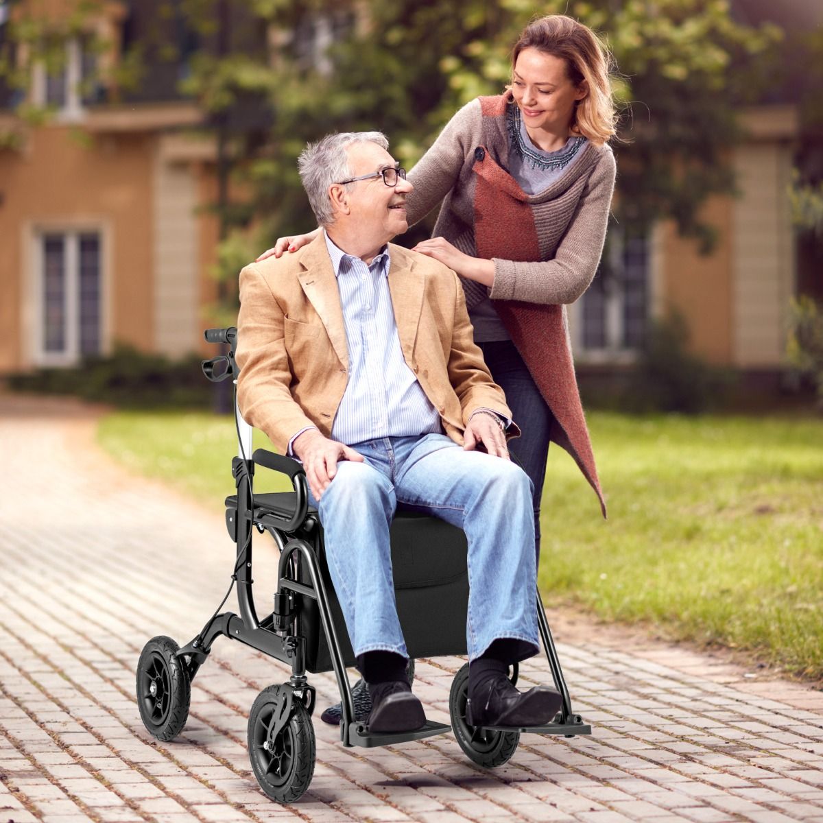 Rollator et fauteuil roulant 2-en-1 Coast - pneus gonflables - réglable en hauteur sur 6 positions - noir