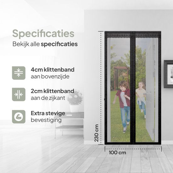 O'DADDY® Rideau de porte Deluxe FIBER - Rideau anti-moustiques magnétique - Pour les nouvelles constructions et les portes standard - Installation facile - Moustiquaire de porte noire - 100x230 cm