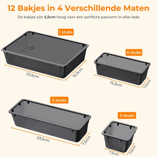 Posity Organisateur de tiroirs - 12 pièces - Plateaux d'organisation - Plateaux de tiroirs - Plateaux de stockage - Organisateur de maquillage - Pour la cuisine, la salle de bain et le bureau - Plastique - Transparent