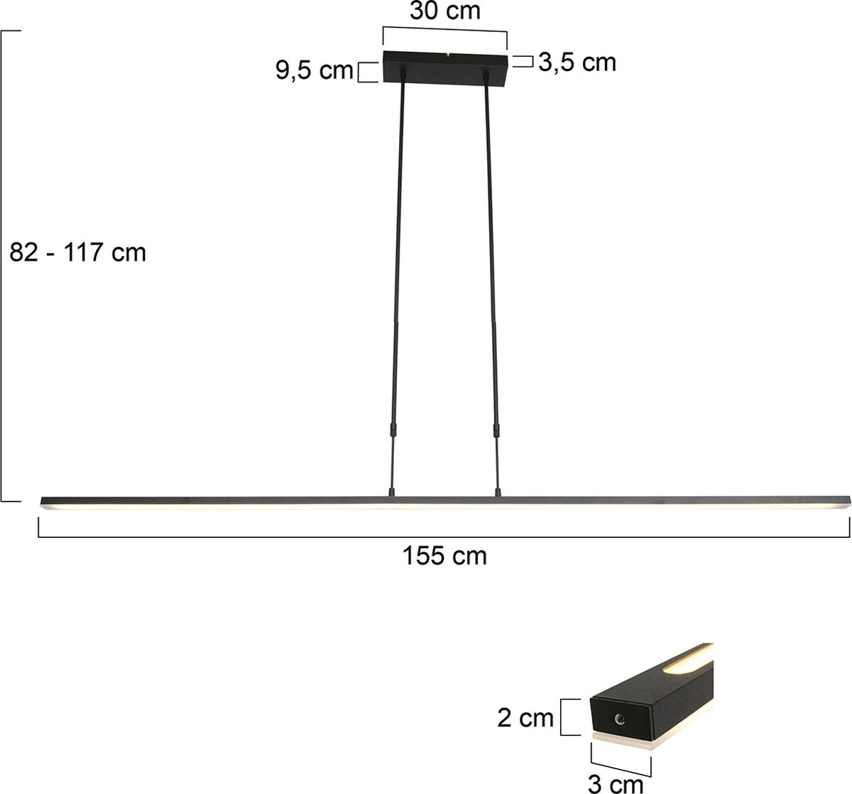 Lampe suspendue réglable Zelena - 2-lumières - Plastique/métal - 155 cm - Hauteur réglable jusqu'à 117 cm - Design moderne - Noir