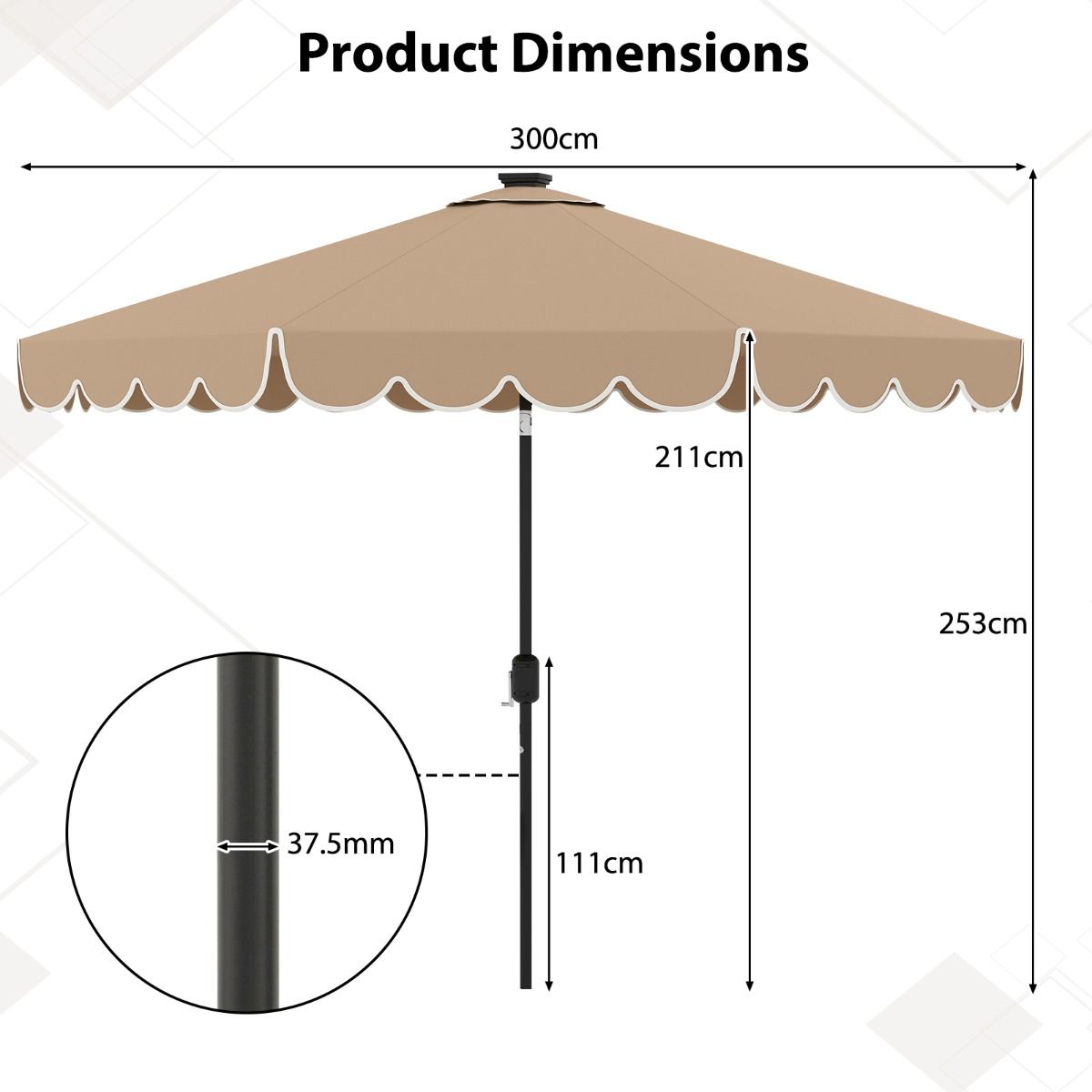 Parasol de jardin Coast avec éclairage LED - commande à cordon - inclinable jusqu'à 35° - marron 300 x 253 cm