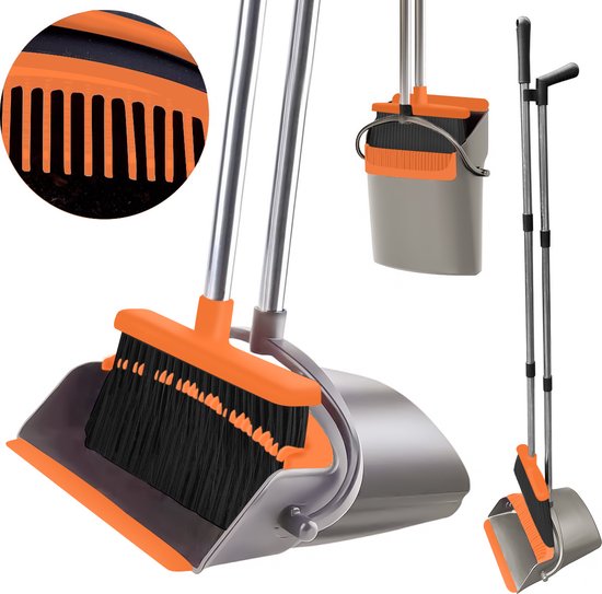 TTD® Pelle et brosse avec long manche XXL - réglable 54-263 cm - balai - manche de balai - gris et orange - pelle et brosse - poubelle pour l'intérieur et l'extérieur - dents de nettoyage intégrées