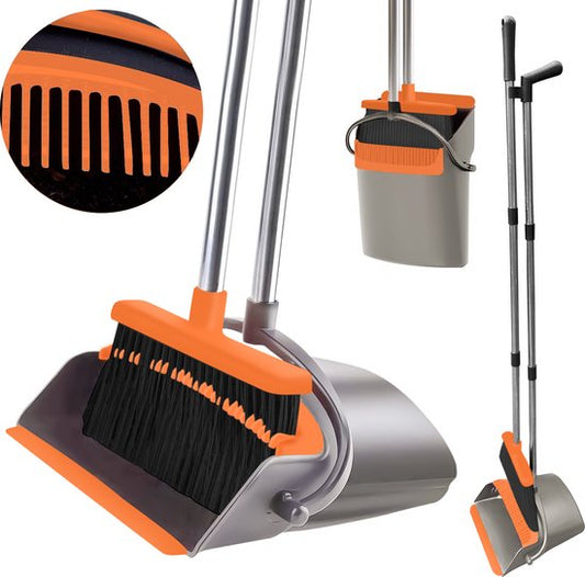TTD® Pelle et brosse avec long manche XXL - réglable 54-263 cm - balai - manche de balai - gris et orange - pelle et brosse - poubelle pour l'intérieur et l'extérieur - dents de nettoyage intégrées
