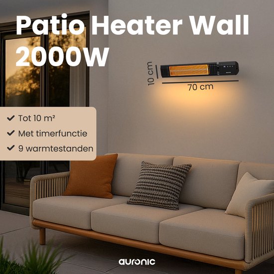 Auronic Terrace Heater - Chauffage infrarouge - Ecran tactile - 10m2 - Electrique - 2000W - Télécommande - 9 niveaux - Noir