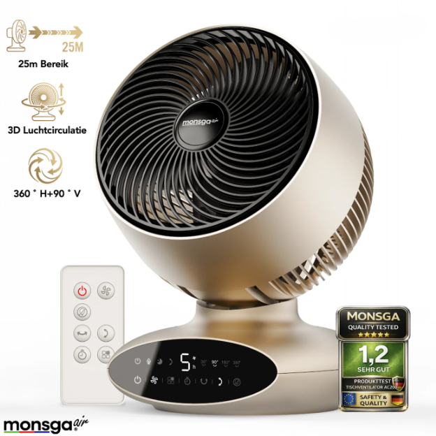 Ventilateur de table Monsga AC200 Turbo - 30 dB, ultra-silencieux - Oscillation à 360° - Télécommande