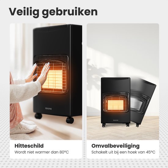 Auronic Mobile Gas Heater - with Wheels - up to 60 m² - 4100W Gas Heater - Includes Gas Pressure Regulator and Gas Hose - Black
