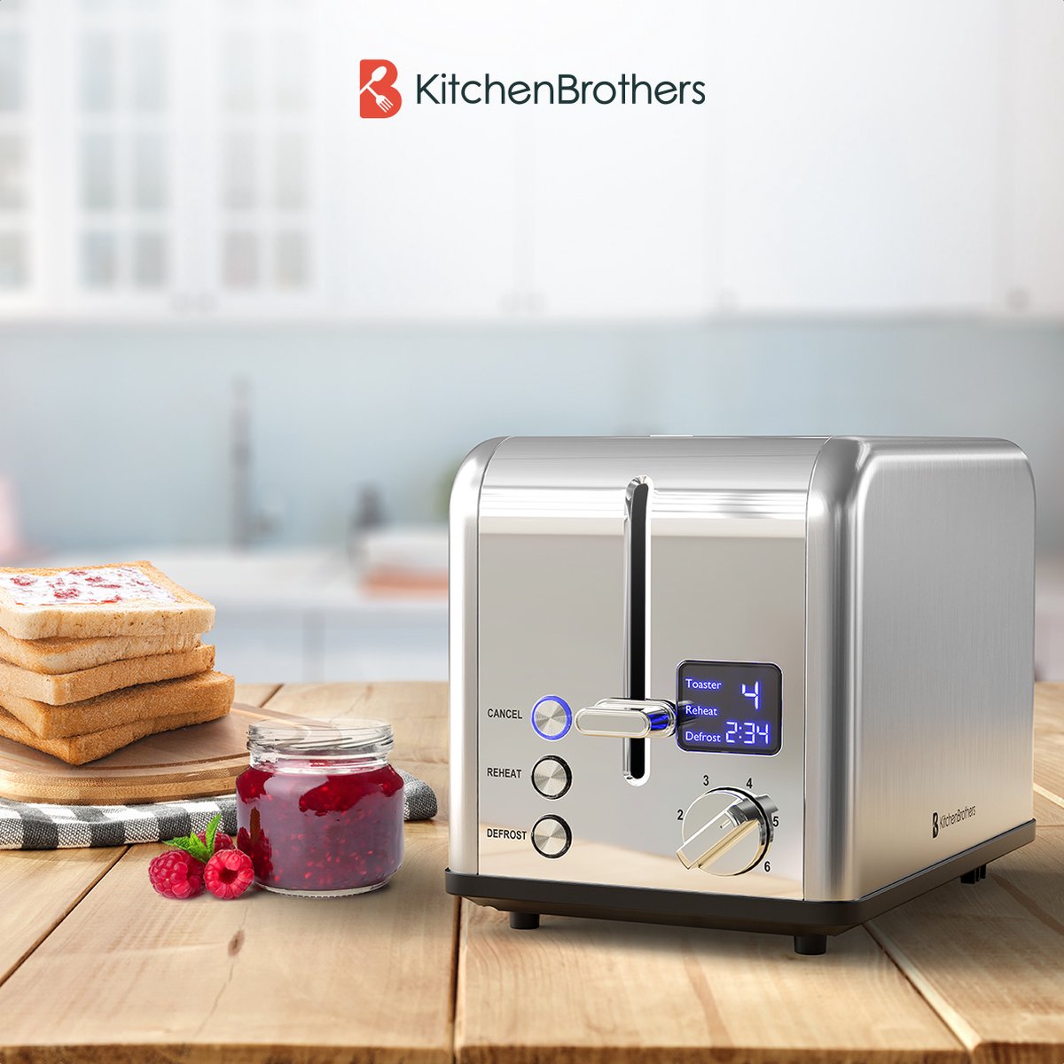 KitchenBrothers Toaster - Grille-pain - 6 niveaux de chaleur - 2 fentes extra-larges - 815W - Acier inoxydable/Argent