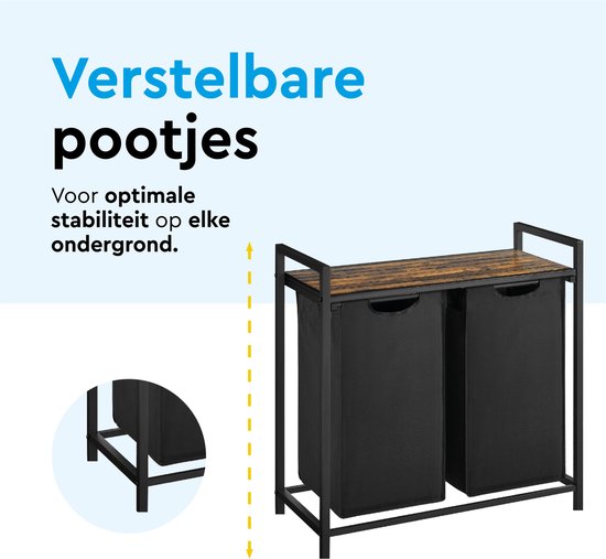 BRASQ Panier à linge 2 compartiments - Trieur à linge 76 litres - Extensible avec étagère 73x33x71 cm - Boite à linge Métal noir - Bois marron - Panier