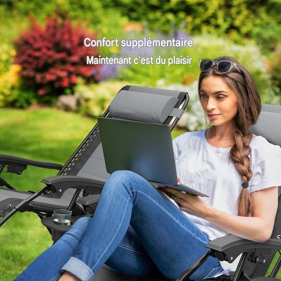 LifeGoods Chaises longues confort - pliable - 30°-90° réglable - support pour gobelets et téléphone - chaises de jardin - noir/gris