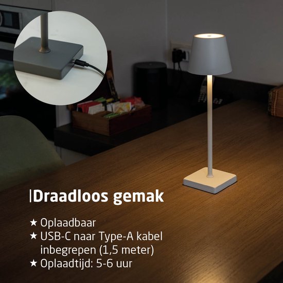BREND BR-2228 Lampe de table sans fil pour l'intérieur et l'extérieur - Lampe décorative et graduable - Éclairage rechargeable avec 3 niveaux de lumière - IP44 - Blanc