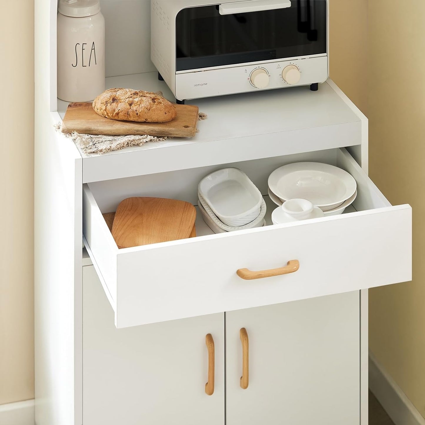 SoBuy Meuble micro-ondes avec 1 tiroir - Max. 60 kg - MDF - Avec roulettes - 62 x 40 x 119 cm - Blanc