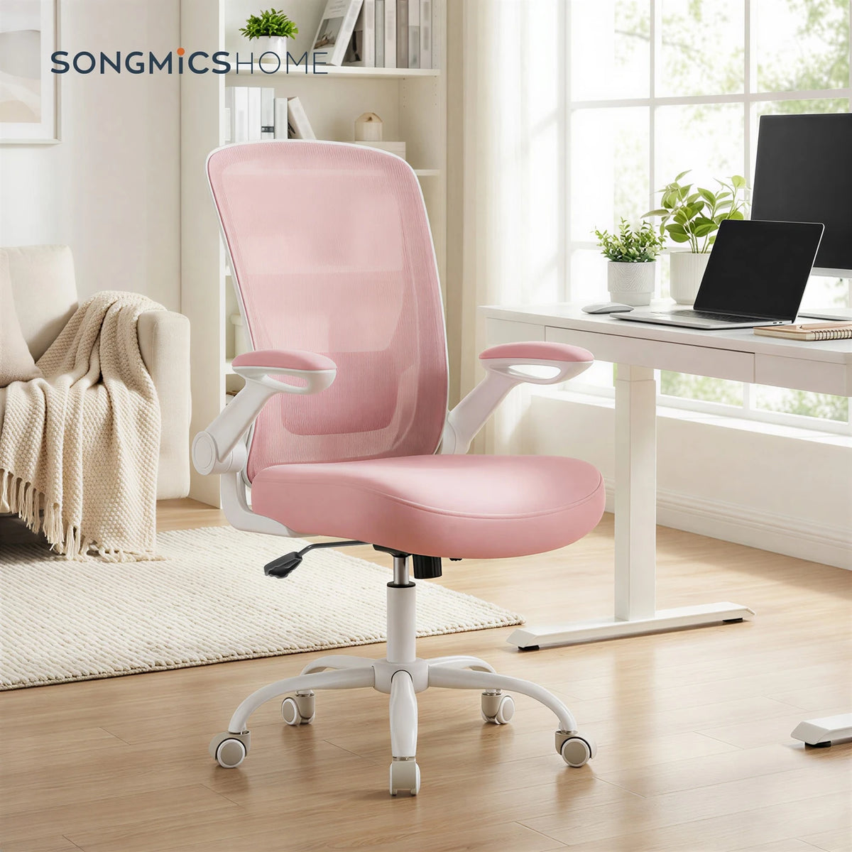 Chaise de bureau ergonomique Joyfurnos rose - Soutien lombaire réglable et accoudoirs rabattables - 60 x 64 x 103-110 cm