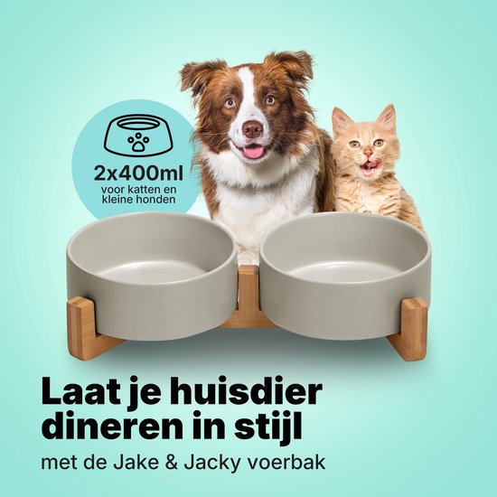 Jake and Jacky Feeding Bowl Cat and Dog Ceramic - Bols d'alimentation doubles avec support - Abreuvoir - 2x 400 mL - Gris