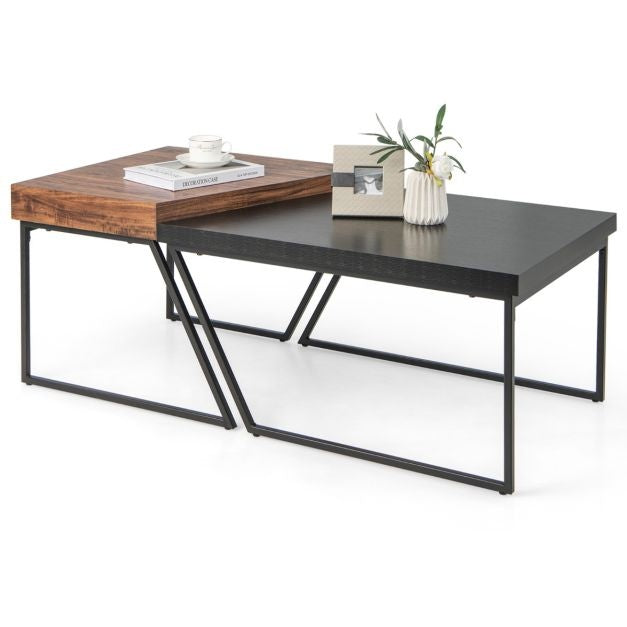 Ensemble de 2 tables basses Table d'appoint moderne empilable noire et marron avec pieds en métal peint par poudrage Table à litière trapézoïdale