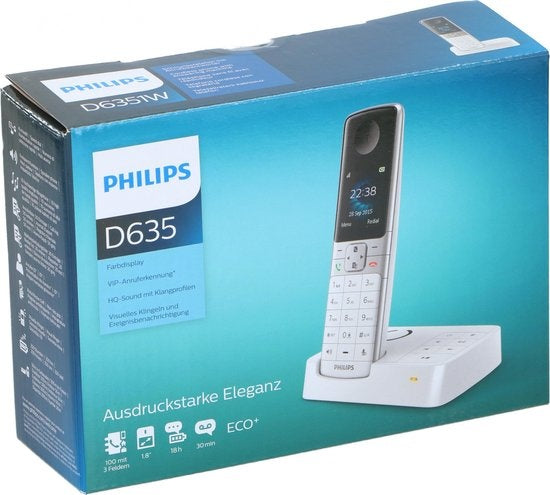 Téléphone sans fil Philips D6351W avec répondeur - Écran 1,8" - Répertoire jusqu'à 100 noms - Reconnaissance des numéros et verrouillage - Plug & Play - Blanc