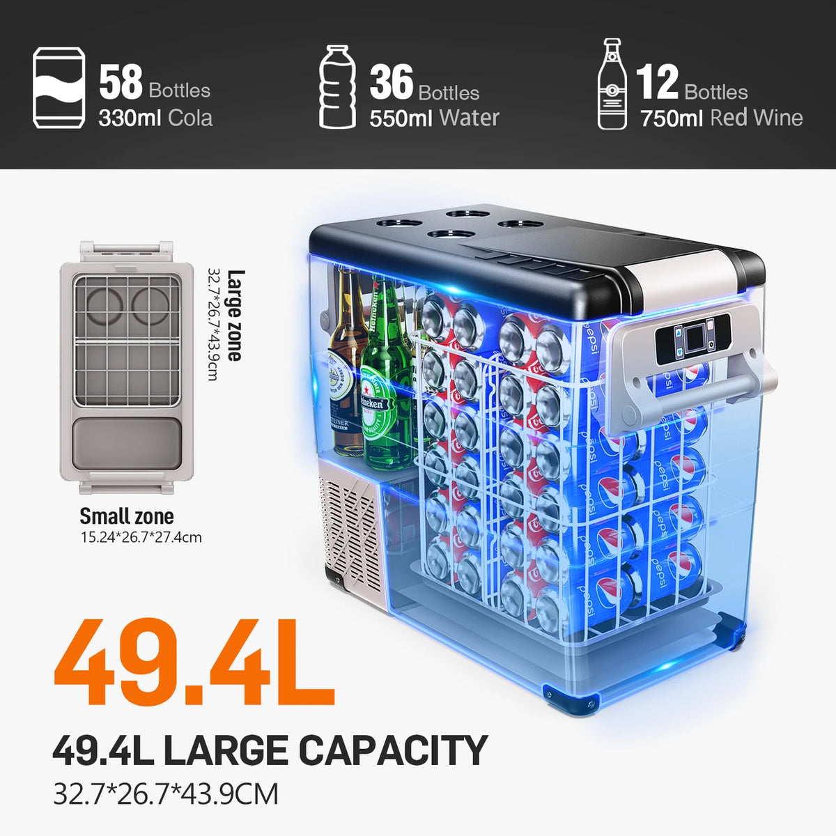 Glacière à compresseur Euhomy 49,4 litres - 2 compartiments - Réfrigération et congélation - de -20 à 20 °C - 12/24 V et 230 V - Commande via une application