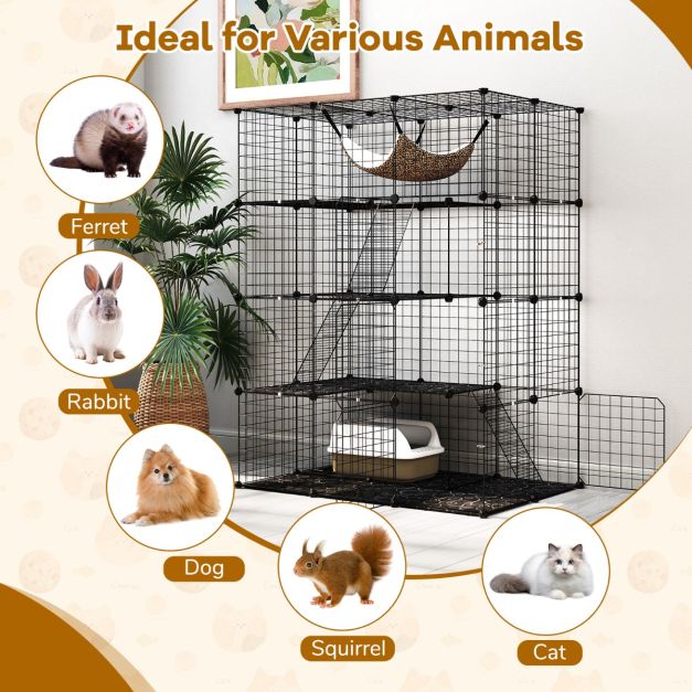 Cage à chat spacieuse à 4 étages de 143 cm de haut - Cage en métal noir avec hamac, étagères et échelles pour chats et petits animaux de compagnie