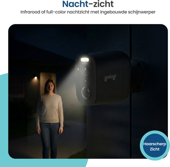 Caméra de sécurité sans fil Gologi pour l'extérieur et l'intérieur - Caméra de surveillance avec batterie 5200 mAh - Rechargeable via USB-C - Vision nocturne - Détection de mouvement - Fixation magnétique - Caméra HD 5 MP avec Wi-Fi et application - Camér