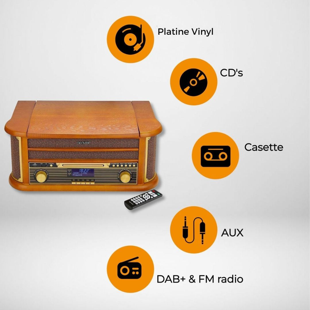 Platine vinyle - Denver - Tourne disque - Design rétro -Radio FM/AM - Radio CD Player - Bois