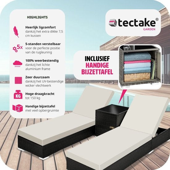 Tectake 2 chaises longues de luxe avec table d'appoint - Noir - Housse de protection incluse - 401500