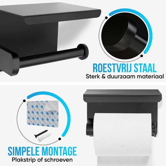Strex Porte-rouleau de papier toilette avec étagère - Noir - Autocollant / Perçage / Sans perçage - Porte-rouleau de papier toilette - Porte-papier toilette