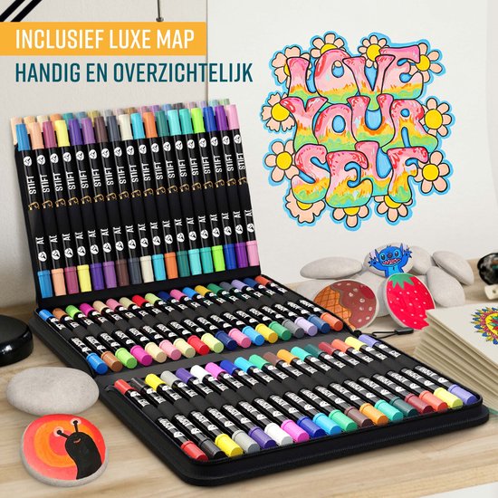 NAPI 72 marqueurs acryliques Dual Tip - Twinmarkers - Marqueurs peinture Happy Stones - Peinture sur pierre avec marqueurs peinture acrylique - Adultes et enfants - 5 modèles de mandalas inclus