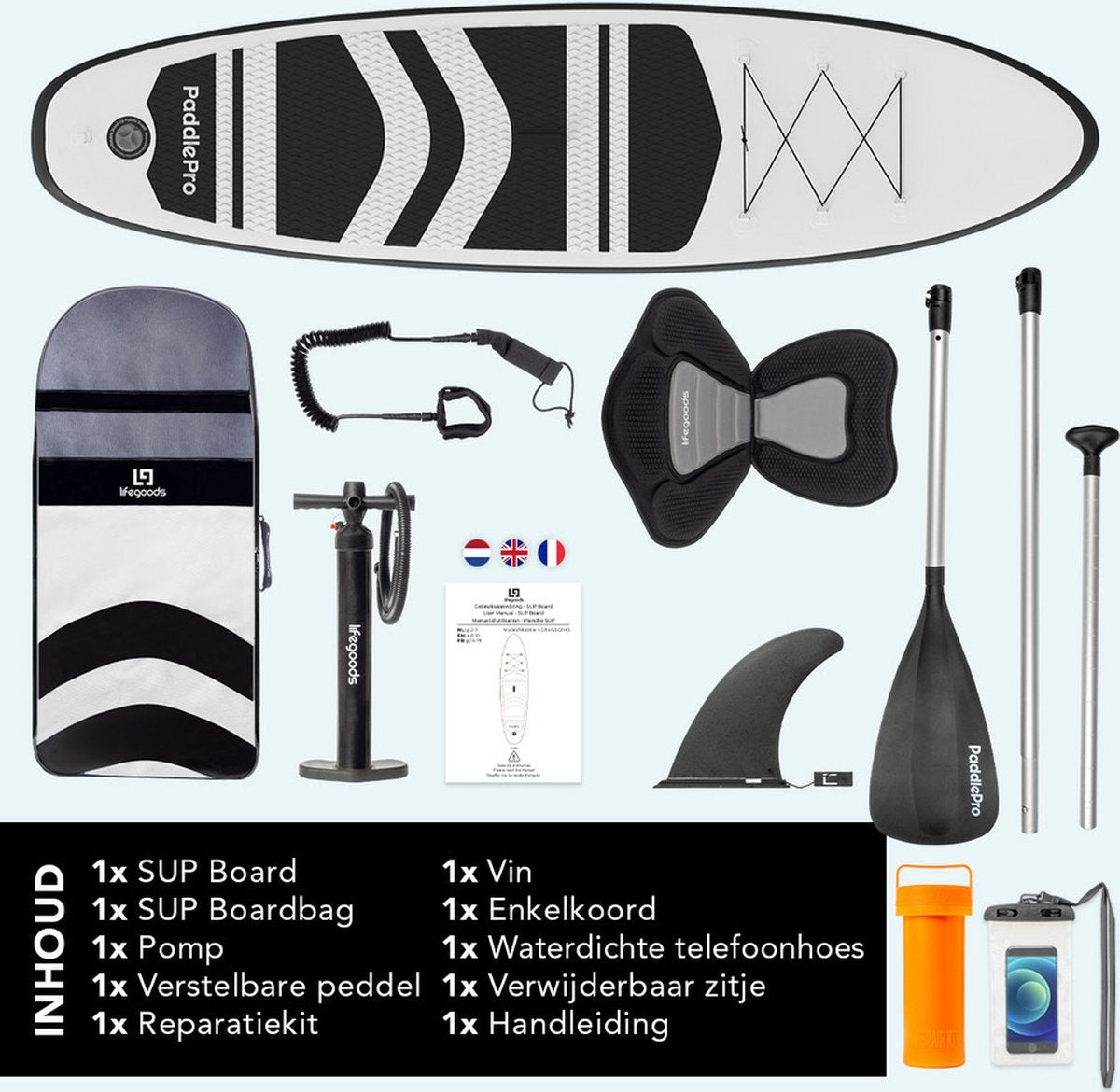 LifeGoods SUP Board - avec siège - Inflatable Paddle Board - Set complet - Max. 135KG - 320x81cm - Blanc/Noir