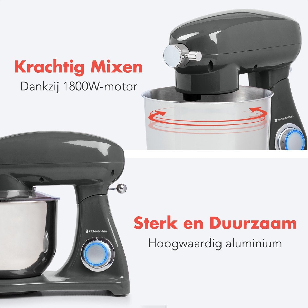 KitchenBrothers Robot de cuisine - Robot de cuisine - 6L Bol mélangeur - 1800W - Aluminium - Anthracite