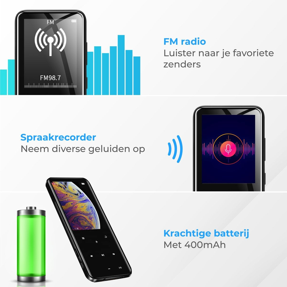 Nuvance - Lecteur MP3 Bluetooth - Mémoire interne 16GB - Support jusqu'à 128GB - Enregistreur vocal numérique - avec radio FM - Noir