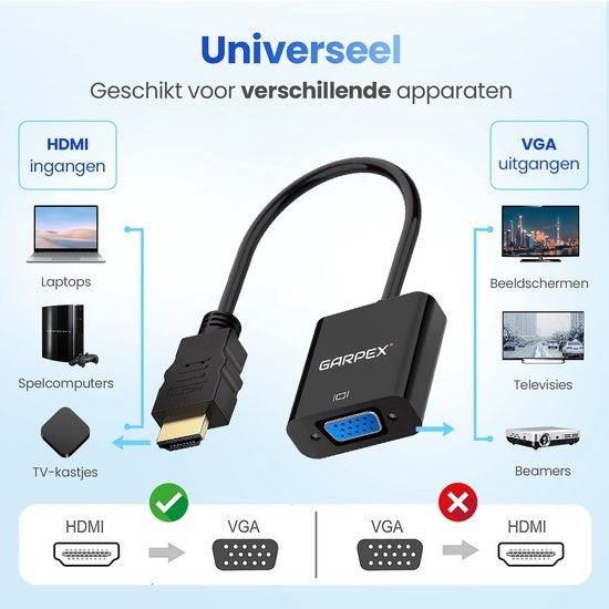 Garpex® Adaptateur HDMI vers VGA - HDMI vers VGA - Full HD 1080P - Mâle vers Femelle - Affichage supplémentaire