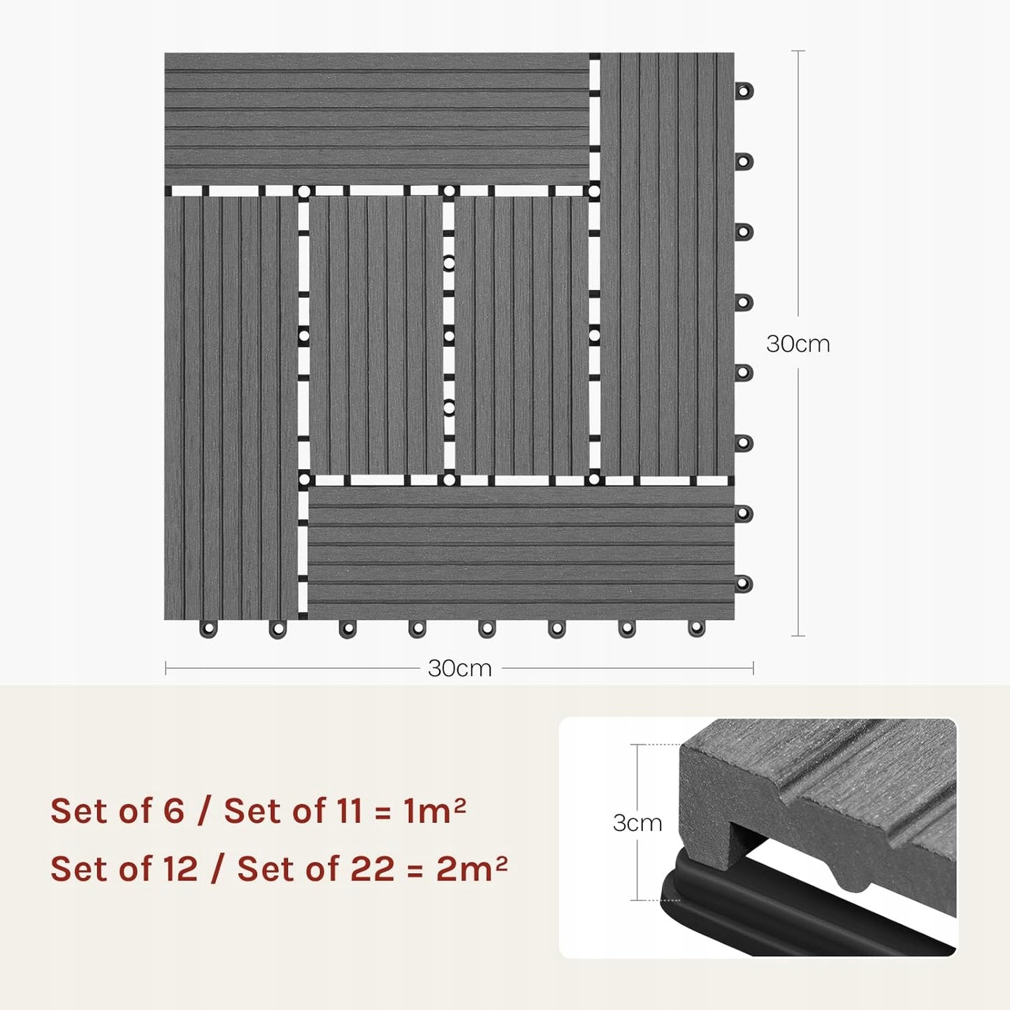Woltu - Lot de 11 dalles de terrasse - Gris - 30 x 30 cm