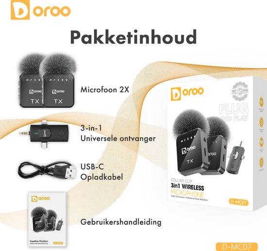 Microphone sans fil professionnel Doroo® - Lot de 2 - Micro-cravate - Bonnettes anti-vent - Batterie longue durée - Épingle de cravate - Son de qualité professionnelle - Micro sans fil USB-C/Lightning/AUX pour iPhone et Android - Plug & Play - Garantie de