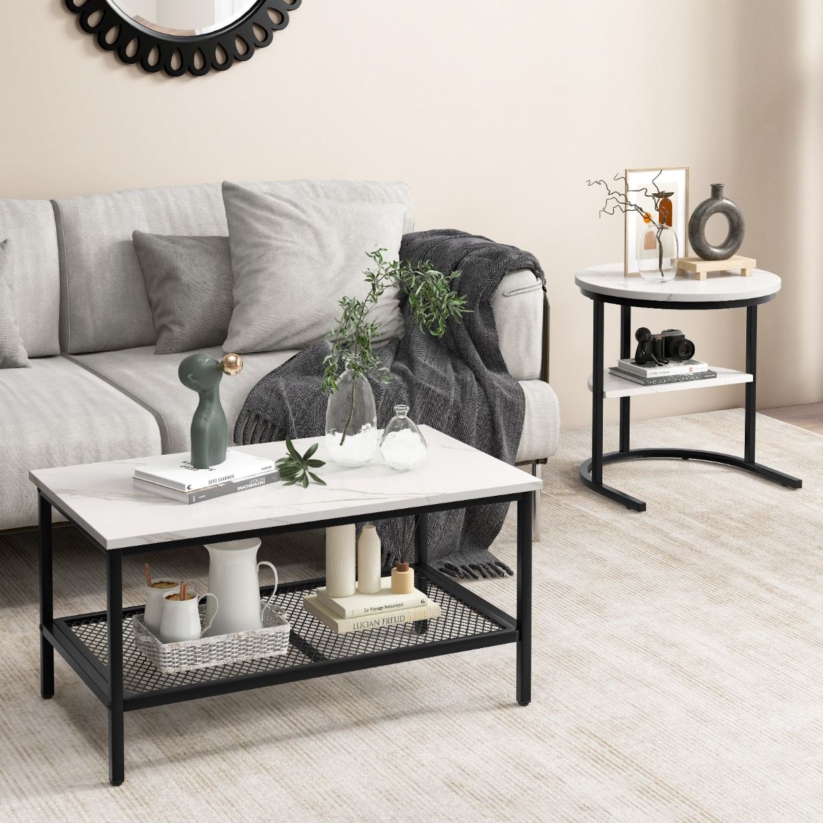 Ensemble de tables d'appoint Coast - table basse et table d'appoint - plateau aspect marbre - noir et blanc
