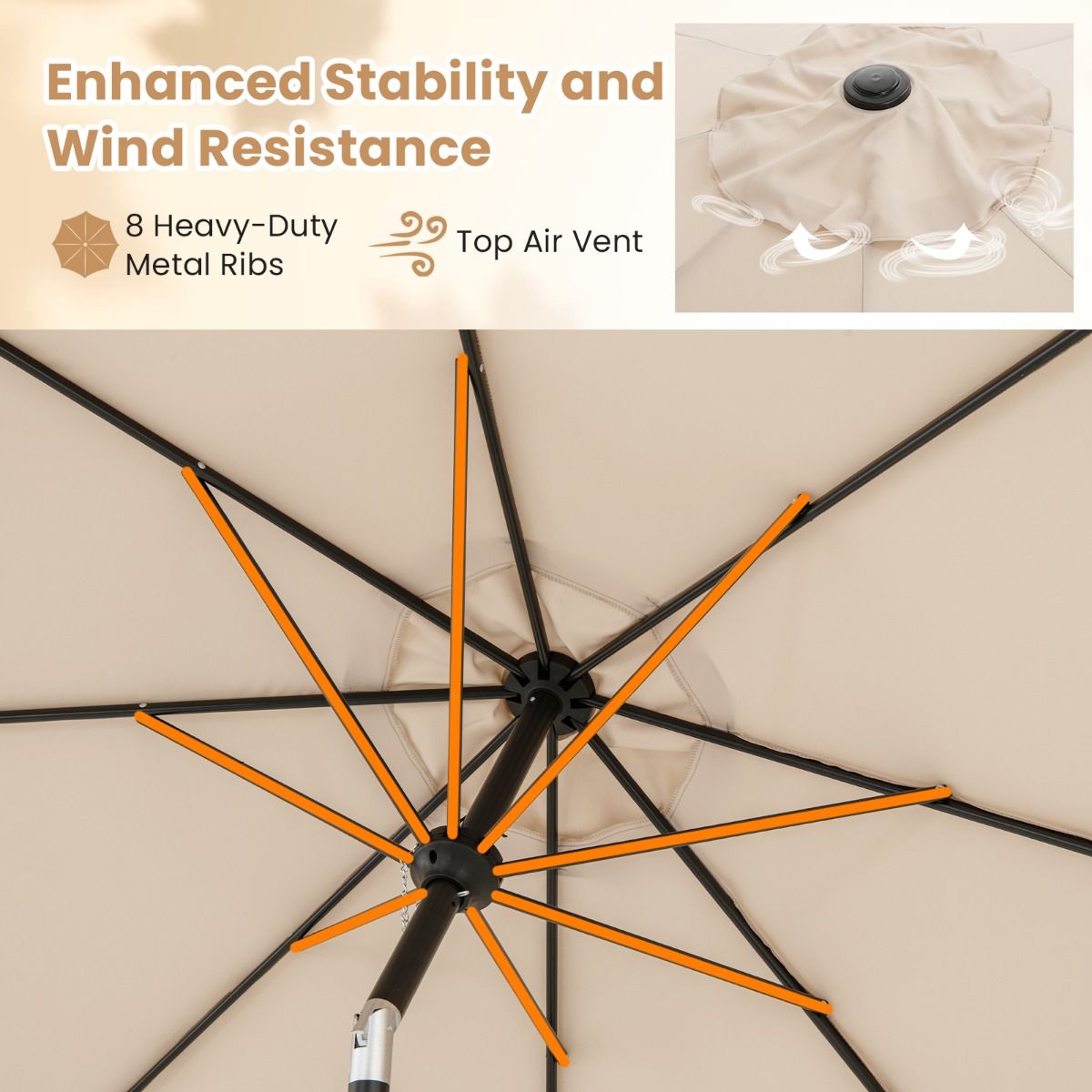 Coast Terrace Parasol 303 cm Beige - Parasol inclinable avec manivelle, 8 balais et double toit pour jardin, terrasse ou piscine