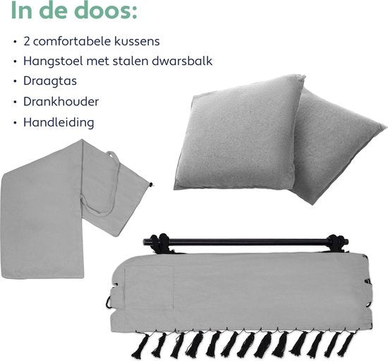 Siège suspendu Vita5 - Hamac Chaise - chaise suspendu - avec 2 coussins - porte-boissons - compartiment pour livres - adultes - enfants - charge maximale 150kg - gris