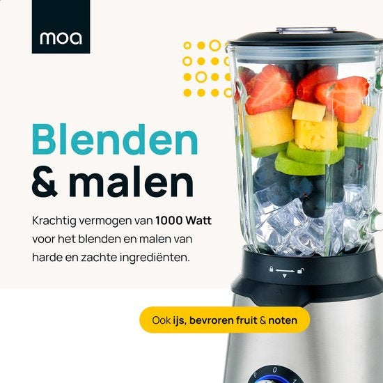 MOA - Mixeur puissant - Avec pot en verre - 1,5 litre - 1000 Watt - TB61 - Acier inoxydable