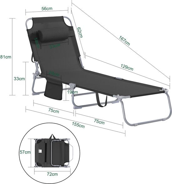 Chaise longue pliable SoBuy, chaise longue de jardin réglable avec appui-tête et sac de rangement, chaise de détente ergonomique pour l'extérieur, le jardin, le balcon et la terrasse, noire, OGS35-SCH