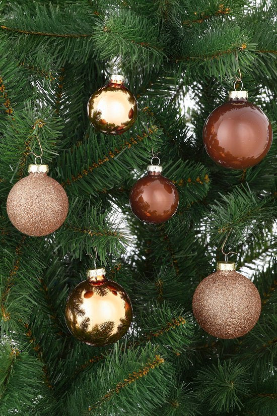 Mica Decorations : lot de boules de Noël en verre - Boules de Noël brillantes et pailletées - Décorations de Noël pour le sapin - Pointe pour le sommet du sapin - Lot de 42 pièces - Ø 7 cm - Marron