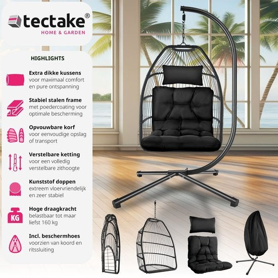tectake® - Chaise suspendue Ariane avec support et coussins 160kg - noir - 404981