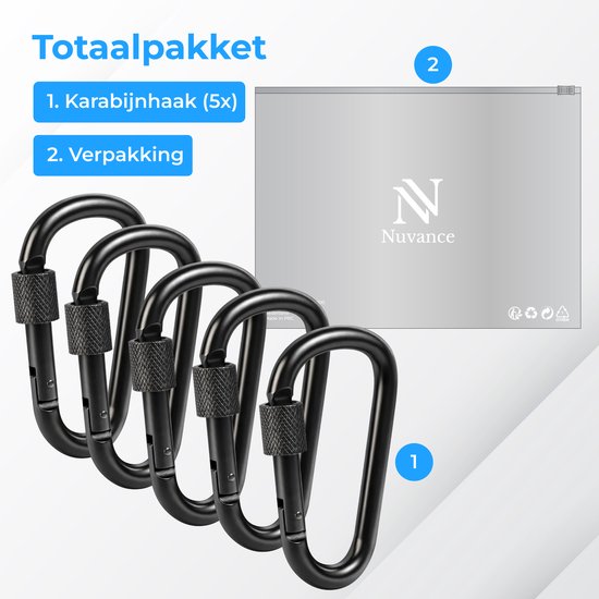 Mousqueton Nuvance - Lot de 5 - Mousqueton porte-clés - 77 mm - Mousqueton - Carabiner