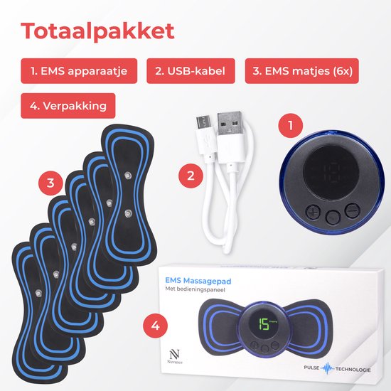 Nuvance - Appareil de massage EMS avec commande - Livret et 6 tapis de massage réutilisables inclus - Stimule la circulation - Convient pour le dos, les bras et les jambes - Sans fil - 8 niveaux et 19 intensités - Noir/Bleu