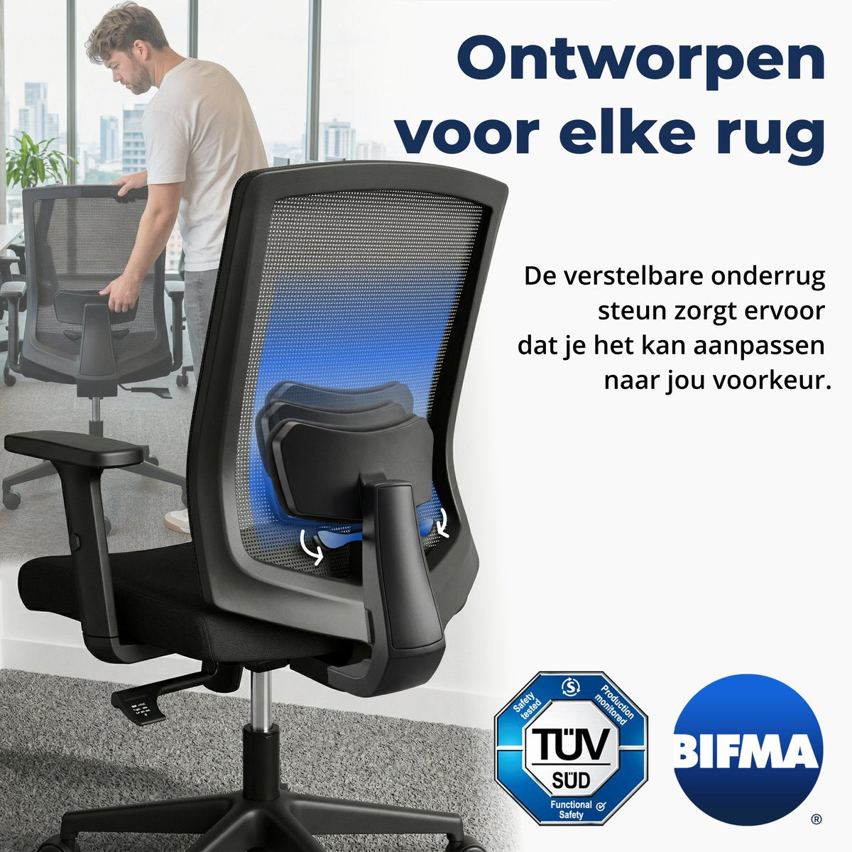 Chaise de bureau Backerz Low Mesh noire - Profondeur d'assise : 51 cm - Ergonomique - Jusqu'à 140 kg