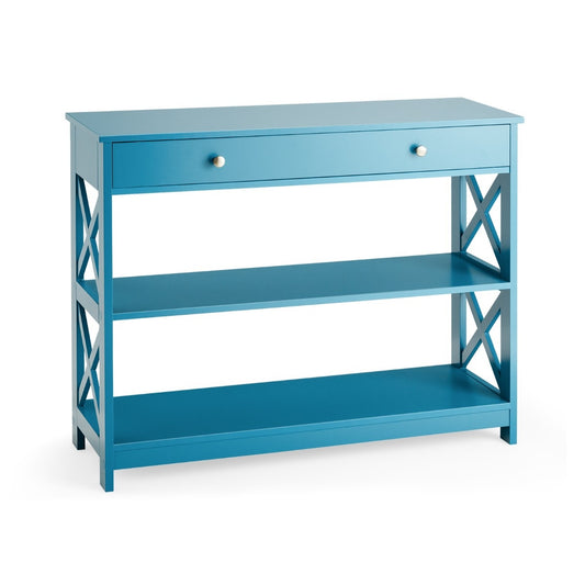 Côte 3 TABLE CONSOL NIVEAS AVEC PLATEAU & 2 étagères et pieds en X bleu