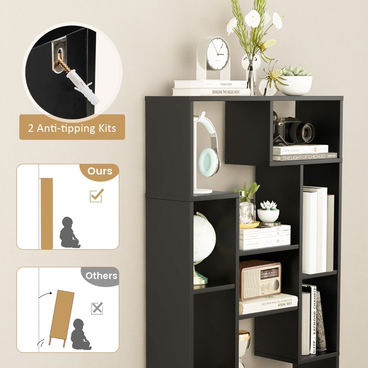 Coast Bookcase Black - 70×20×120 cm - Rayonnage ouvert géométrique avec 11 étagères et protection contre le basculement
