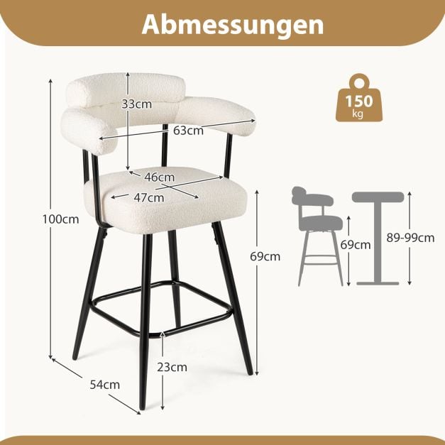 Ensemble Coast de 2 tabourets de bar - Blanc/Noir - Pivotants à 360° - Hauteur d'assise 69 cm