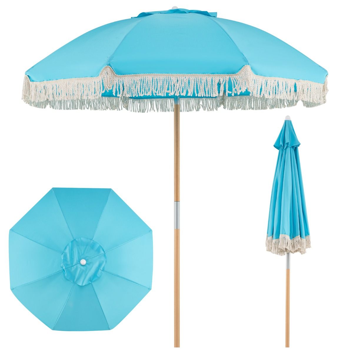 Parasol de jardin Coast à franges - parasol de plage en bois - inclinaison réglable - bleu