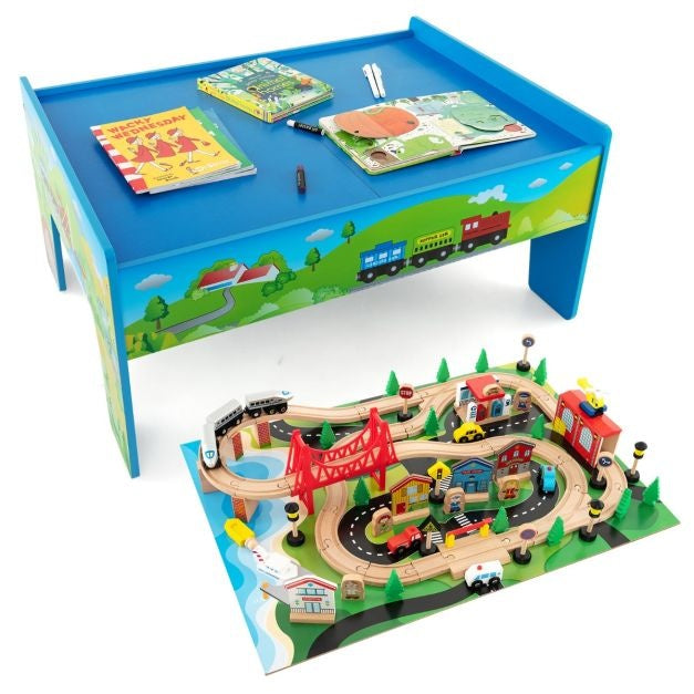 Table de jeu 2 en 1 Coast – Circuit de train en bois 80 pièces – Jeu éducatif dès 3 ans - Bleu