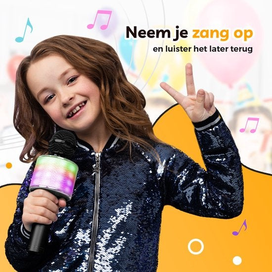 AyeKids 5-in-1 Karaoke Microphone - Sans fil & Bluetooth - Haut-parleur intégré & lumières Disco - Câble AUX inclus - Microphone Kids - Karaoke Set - Noir