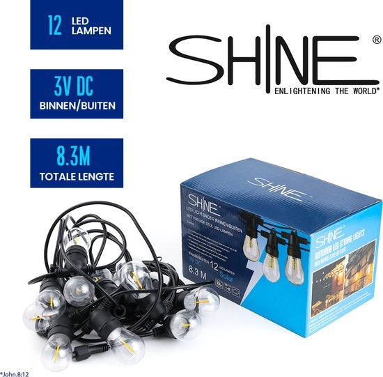 SHINE - Guirlande lumineuse d'extérieur - Guirlande lumineuse à énergie solaire - Cordon lumineux à leds solaires - Eclairage de fête - Guirlande lumineuse à ampoules - Eclairage de jardin - Eclairage d'ambiance vintage - 12 ampoules E27 à leds avec téléc